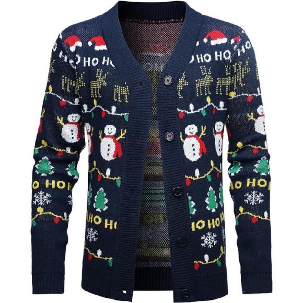 Men's Christmas Sweater Long Sleeve Button-Up Cardigan Polyester Knit Pullover